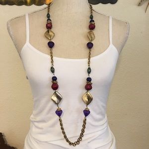 Long gold tone chain link acrylic bead necklace